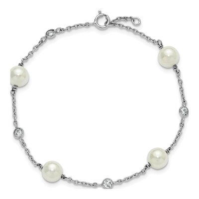 Sterling Silver Pearl & CZ Shell Station Bracelet – view 4