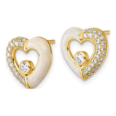 Gold-Plated Sterling Silver Round CZ Enamel Heart Stud Earrings – view 3