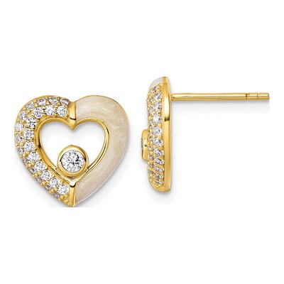 Gold-Plated Sterling Silver Round CZ Enamel Heart Stud Earrings