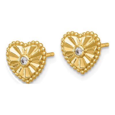 Gold-Plated Sterling Silver Round CZ Heart Button Stud Earrings – view 3