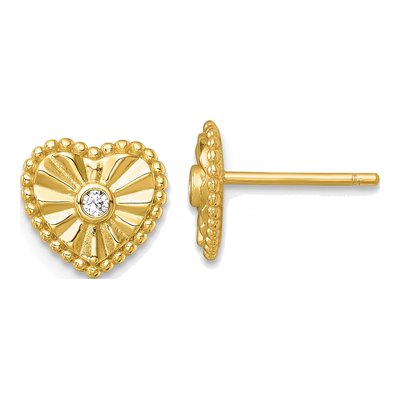 Gold-Plated Sterling Silver Round CZ Heart Button Stud Earrings