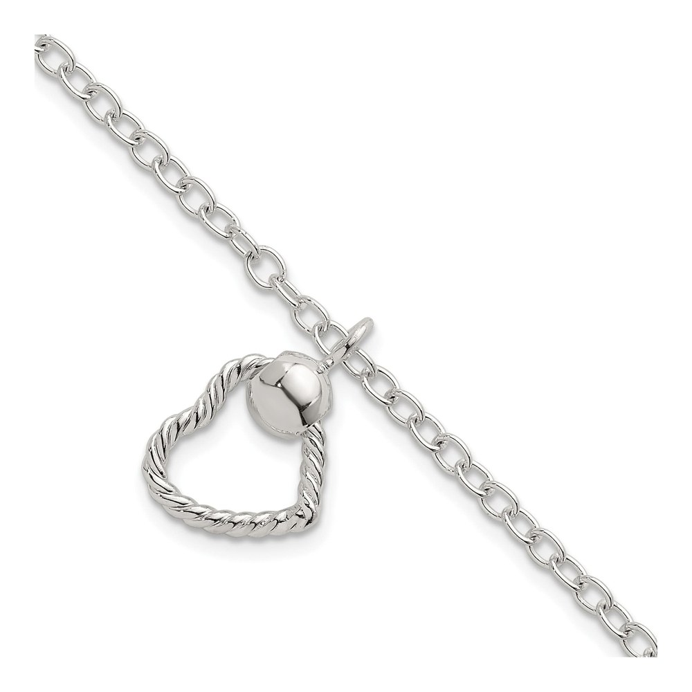 Sterling Silver Polished And Twisted Heart Dangle 7.5 Inch Cable Chain Bracelet with Lobster Clasp
