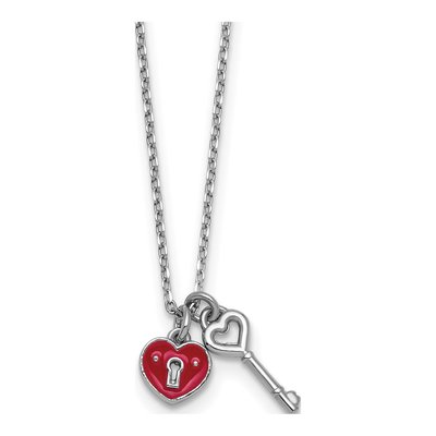 Sterling Silver Red Enamel Heart Lock Key Pendant Necklace