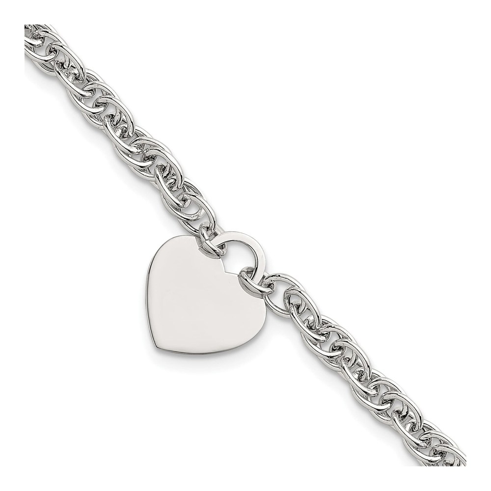 8 Inch Sterling Silver Polished Fancy Engravable Heart Disc On Rope Chain 7 Inch With 1 Inch Extension Bracelet with Lobster Clasp