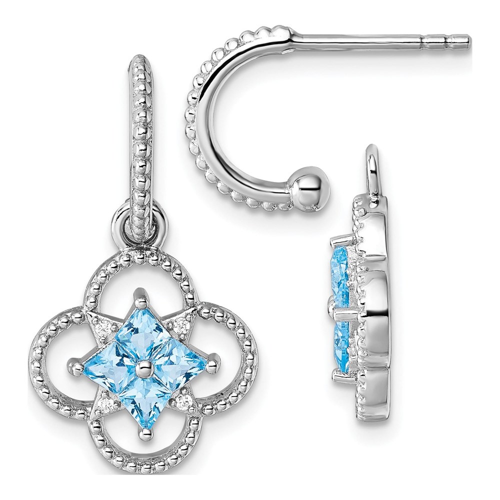 Sterling Silver Rhodium-Plated Blue Cz Textured Removeable Clover J-Hoop Post Dangle Earrings