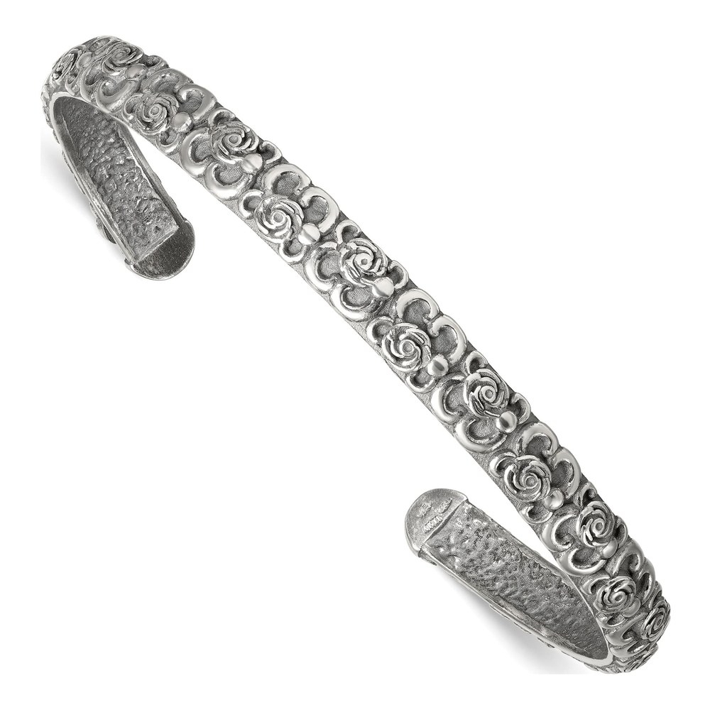 Sterling Silver Antiqued Floral 6.5mm Cuff Bangle Bracelet with Slip On Clasp