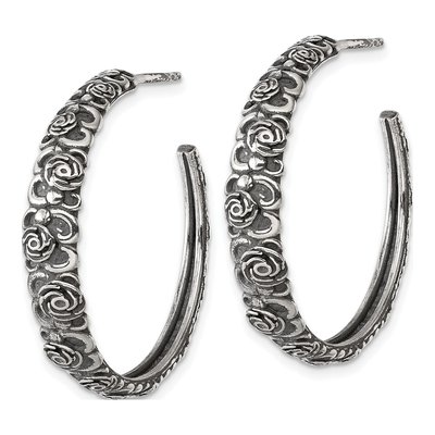 Sterling Silver 32mm CZ Antiqued Floral C- Hoop Earrings – view 3