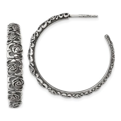 Sterling Silver 32mm CZ Antiqued Floral C- Hoop Earrings