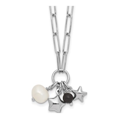 Sterling Silver Freshwater Cultured Pearl Star Paperclip Pendant Necklace