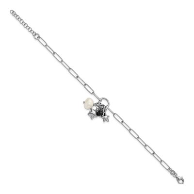Sterling Silver Freshwater Cultured Pearl Star Paperclip Charm Bracelet – view 2
