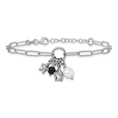Sterling Silver Freshwater Cultured Pearl Star Paperclip Charm Bracelet – view 3