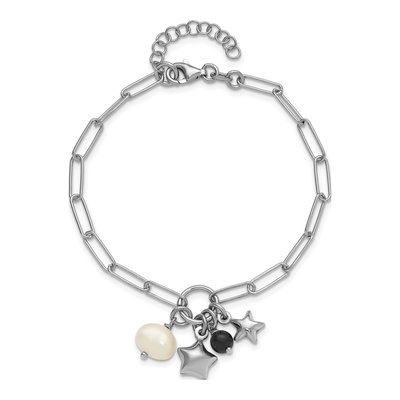 Sterling Silver Freshwater Cultured Pearl Star Paperclip Charm Bracelet – view 4