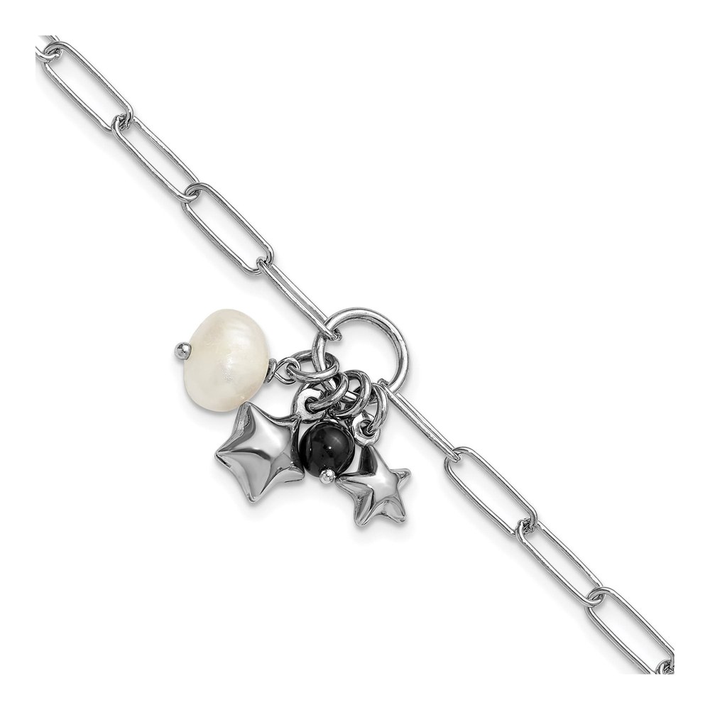 7.75 Inch Sterling Silver Rhodium-Plated Stars And White Freshwater Cultured Pearl And Black Acrylic Bead 6.75 Inch With 1 Inch Extender Paperclip Bracelet with Lobster Clasp