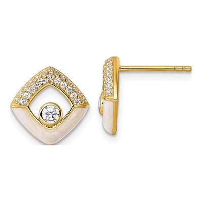 Gold-Plated Sterling Silver CZ Champagne Enamel Stud Earrings