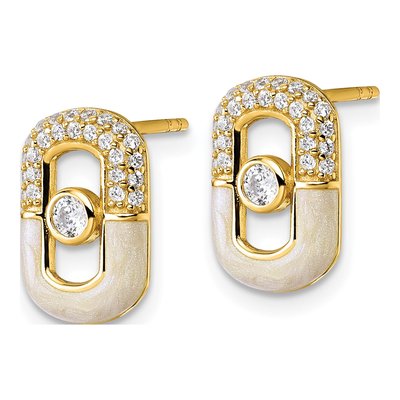 Gold-Plated Sterling Silver CZ Champagne Enamel Rectangle Stud Earrings – view 3