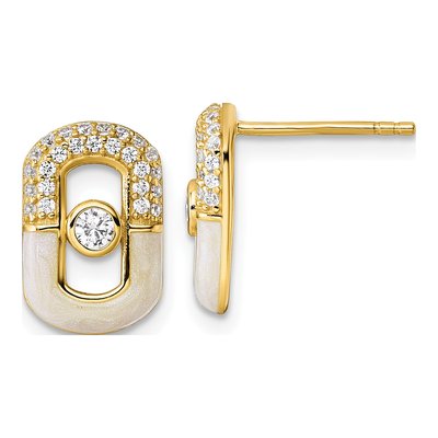 Gold-Plated Sterling Silver CZ Champagne Enamel Rectangle Stud Earrings