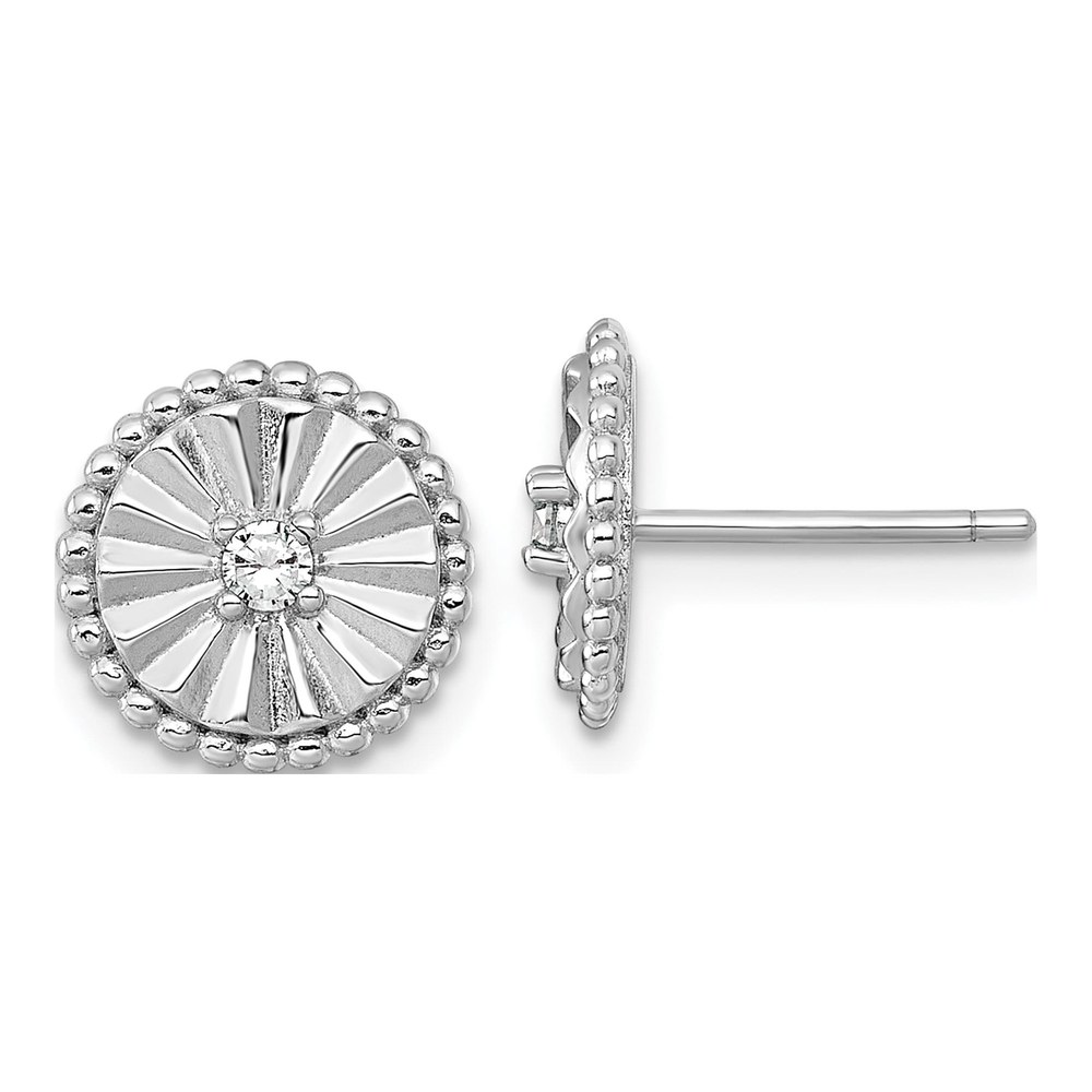 Sterling Silver Rhodium-Plated Polished Beaded And Textured Cz Circle Post Earrings