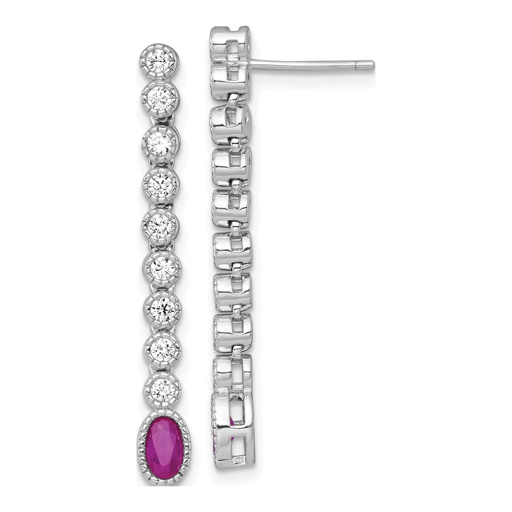 Sterling Silver Rhodium-Plated Polished And Beaded Oval Red And Round White Cz Dangle Post Earrings
