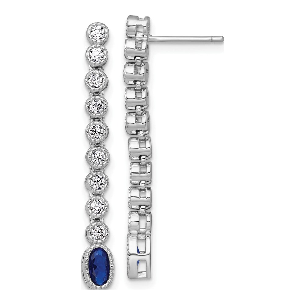 Sterling Silver Rhodium-Plated Polished And Beaded Oval Blue And Round White Cz Dangle Post Earrings