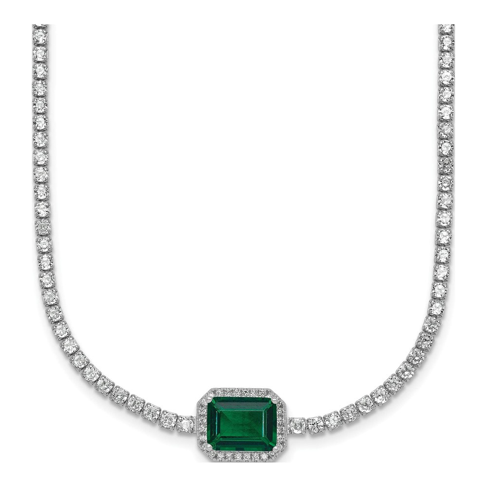 18 Inch Sterling Silver Rhodium-Plated Polished Fancy Emerald-Cut Green And White Cz Halo 16 Inch With 2 Inch Extension Necklace with Lobster Clasp