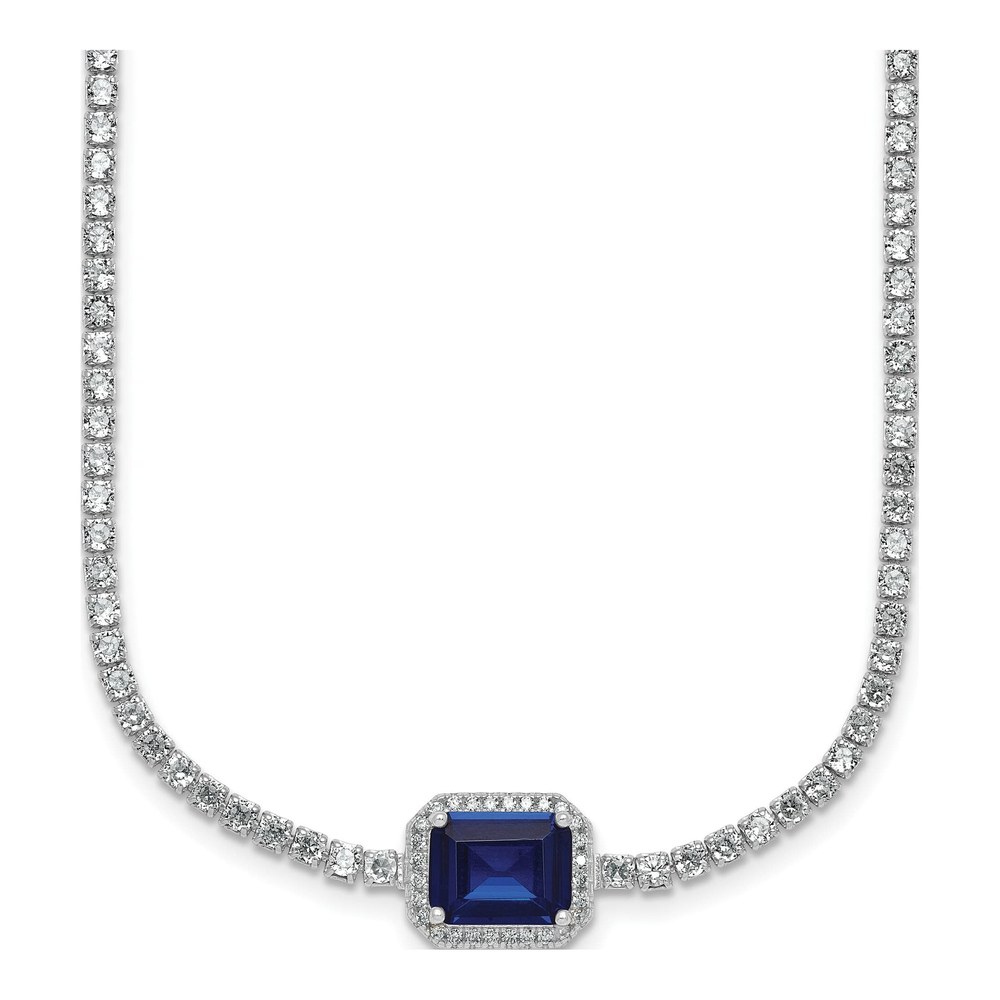 18 Inch Sterling Silver Rhodium-Plated Polished Fancy Emerald-Cut Blue And White Cz Halo 16 Inch With 2 Inch Extension Necklace with Lobster Clasp