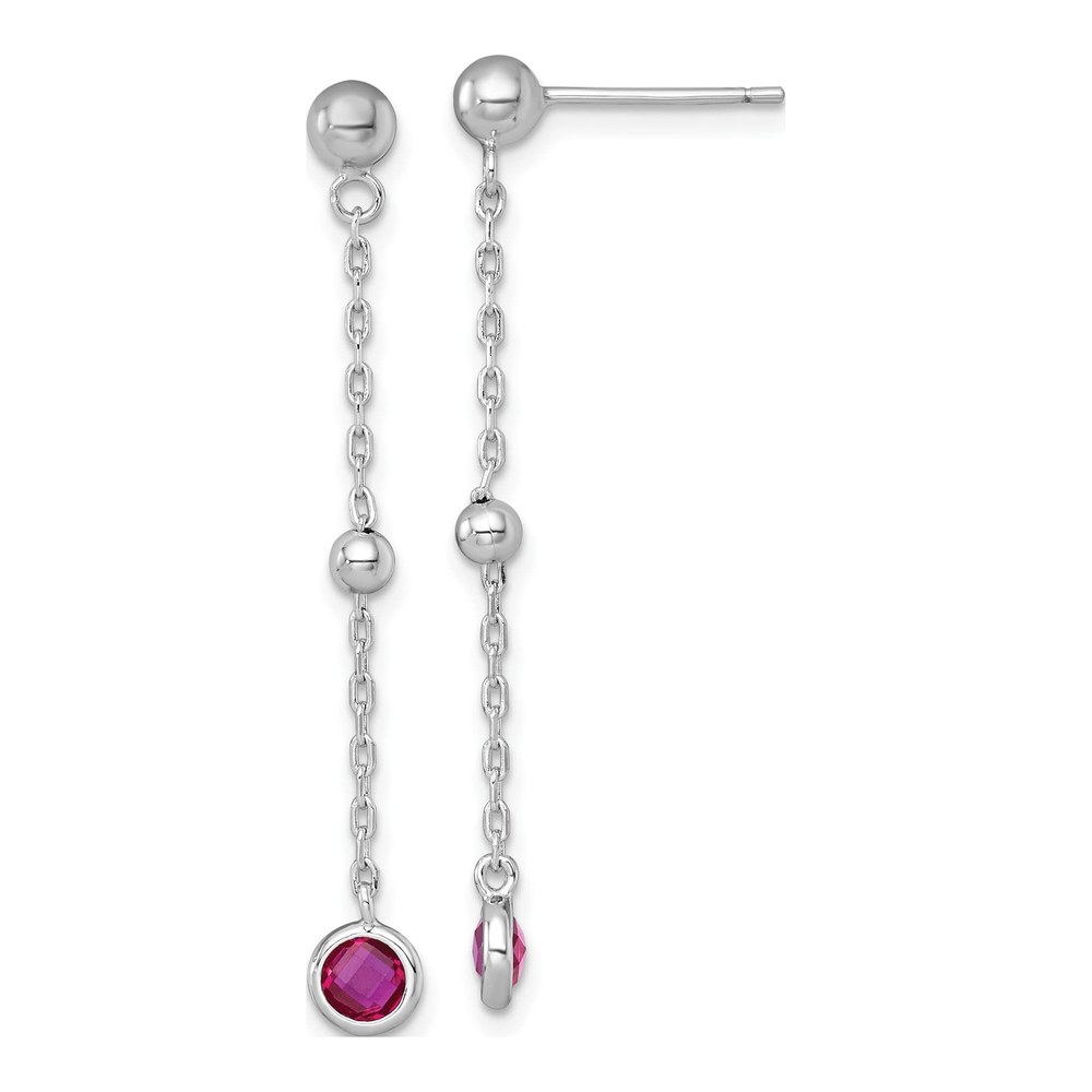 Sterling Silver Rhodium-Plated Polished Bezel-Set Round Red Cz Dangle Post Earrings