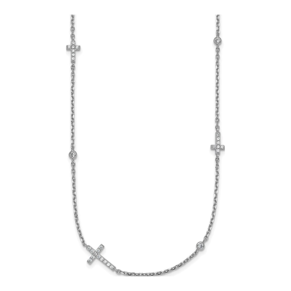 16.5 Inch Sterling Silver Rhodium-Plated Polished Three Cz Crosses And 3 Round Cz Stations 15 Inch With 1.5 Inch Extender Necklace with Lobster Clasp