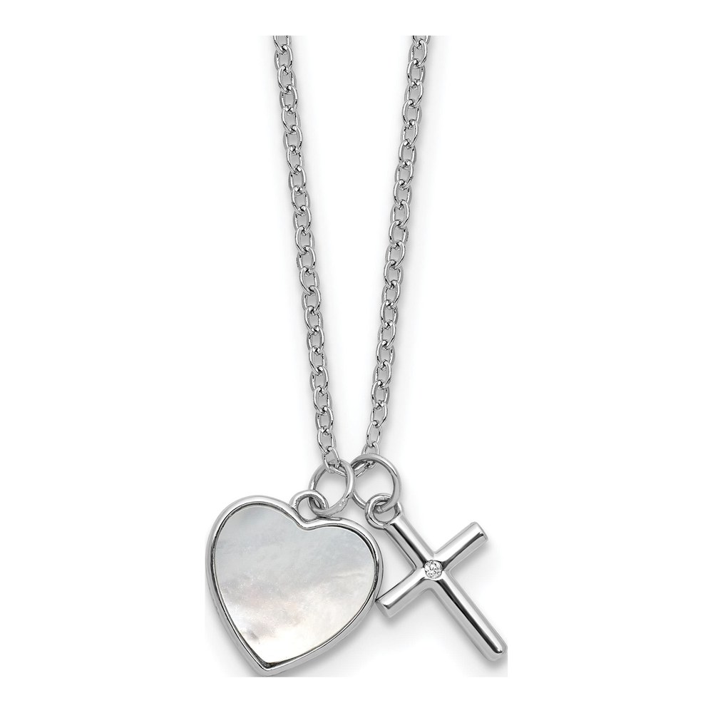 17 Inch Sterling Silver Rhodium-Plated Polished Mother Of Pearl Heart And Cz Cross 14 Inch With 3 Inch Extension Children's Necklace with Spring Ring Clasp