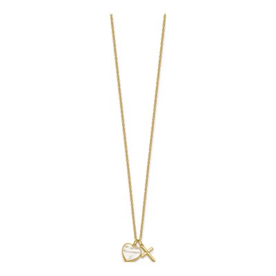 Gold-Plated Sterling Silver Mother of Pearl & CZ Girls' Heart Cross Pendant Necklace – view 2