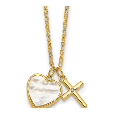 Gold-Plated Sterling Silver Mother of Pearl & CZ Girls' Heart Cross Pendant Necklace