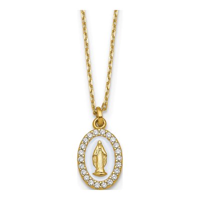 Gold-Plated Sterling Silver CZ Miraculous Medal Pendant Necklace