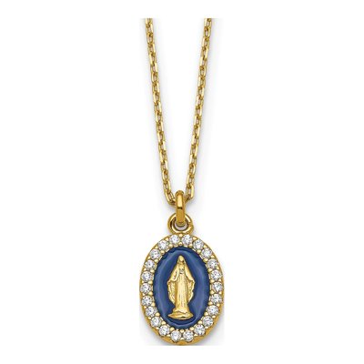 Gold-Plated Sterling Silver CZ Miraculous Medal Pendant Necklace