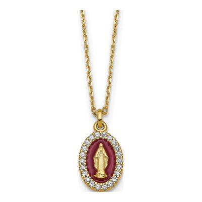 Gold-Plated Sterling Silver CZ Miraculous Medal Pendant Necklace