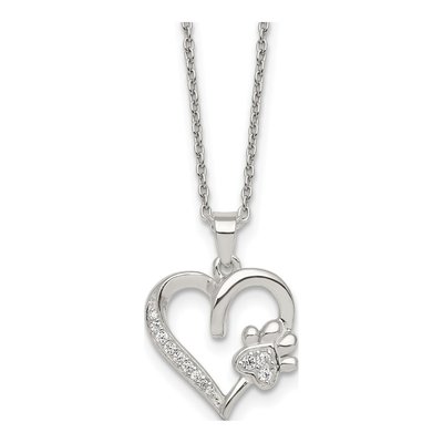 Sterling Silver CZ Heart Paw Print Pendant Necklace
