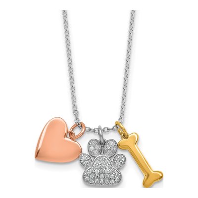 Gold-Plated Sterling Silver CZ Pawprint Bone Heart Pendant Necklace
