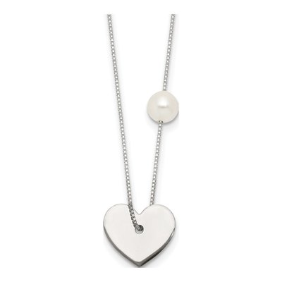 Sterling Silver Simulated Pearl Heart Glass Pendant Necklace