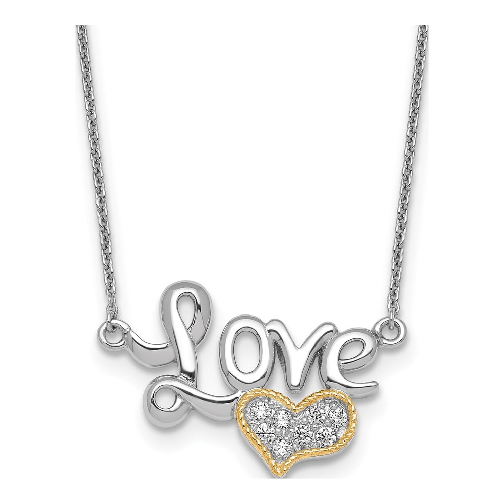 Sterling Silver Rhodium-Plated With 14K 18 Inch Accent Polished Cz Love With Heart 16 Inch With 2 Inch Extension Necklace with Spring Ring Clasp