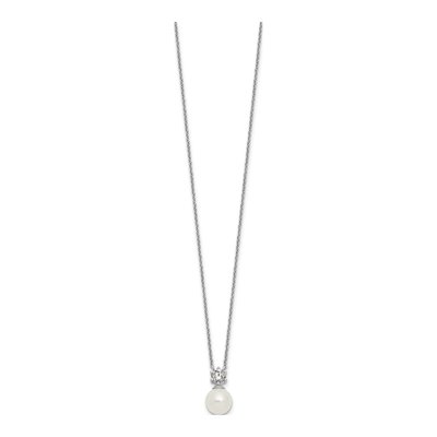 Sterling Silver Simulated Pearl & CZ Shell Pendant Necklace – view 2