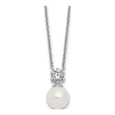 Sterling Silver Simulated Pearl & CZ Shell Pendant Necklace