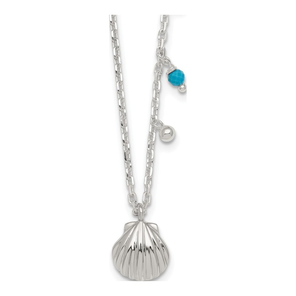 18 Inch Sterling Silver Polished Beaded Turquoise And Grooved Seashell 16 Inch With 2 Inch Extension Necklace with Spring Ring Clasp