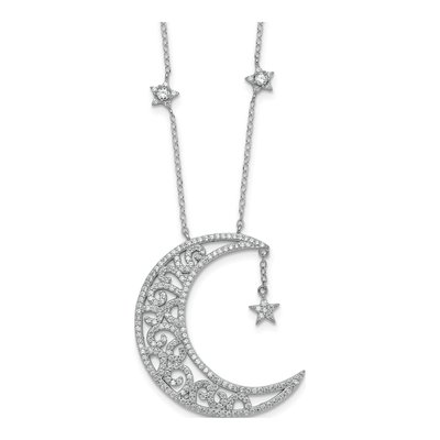 Sterling Silver CZ Moon Stars Necklace