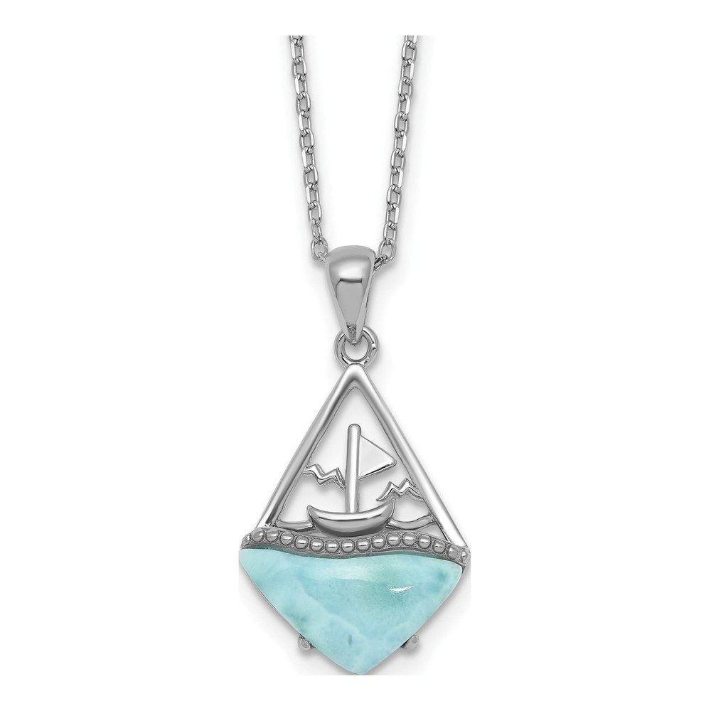 18 Inch Sterling Silver Rhodium-Plated Polished And Beaded Larimar Sailboat 16 Inch With 2 Inch Extension Necklace with Spring Ring Clasp