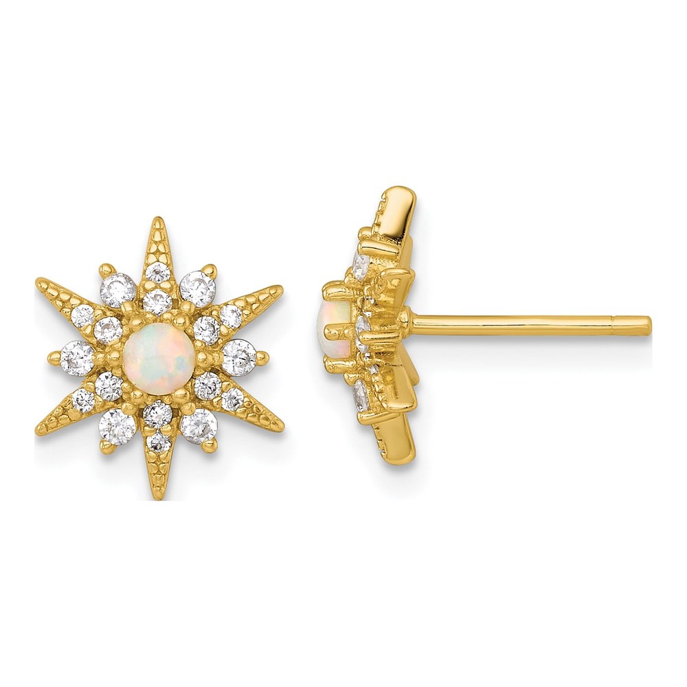 Sterling Silver Gold-Tone Polished Lab Created Opal And Cz Starburst Post Earrings