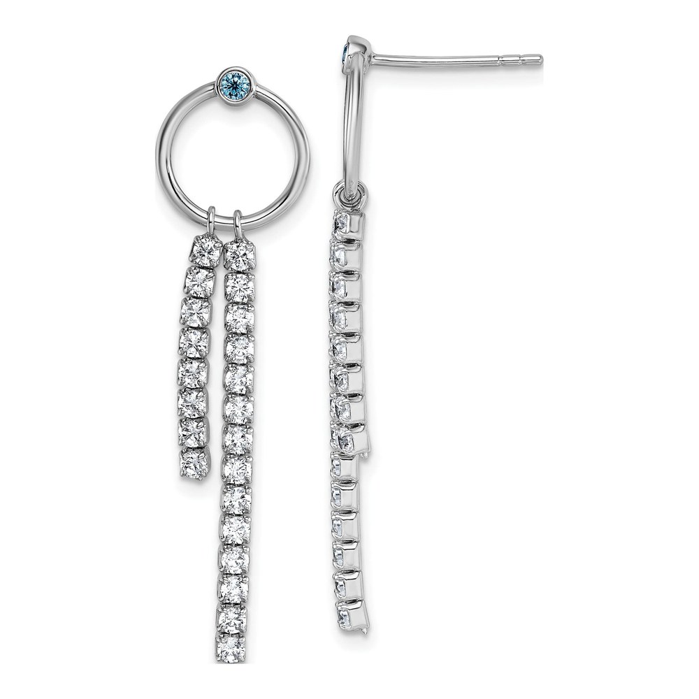 Sterling Silver Rhodium-Plated Blue And White Cz Circle With 2 Drops Dangle Post Earrings