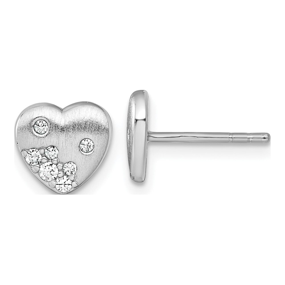 Sterling Silver Rhodium-Plated Brushed Cz Heart Post Earrings