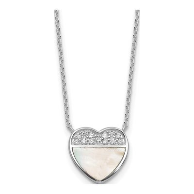 Sterling Silver Mother of Pearl Heart CZ Pendant Necklace