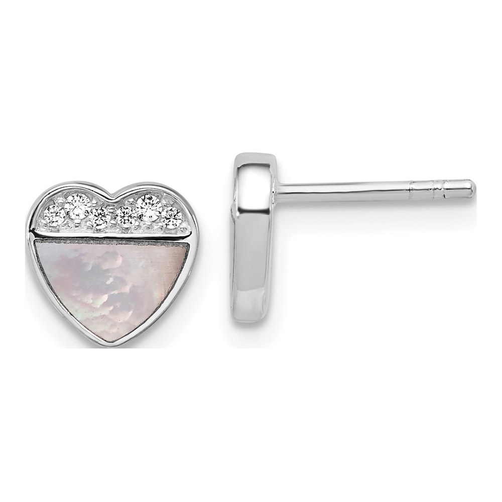Sterling Silver Rhodium-Plated Polished Mother Of Pearl And Cz Heart Post Earrings