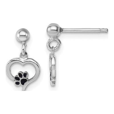 Sterling Silver Heart Paw Print Dangle Earrings