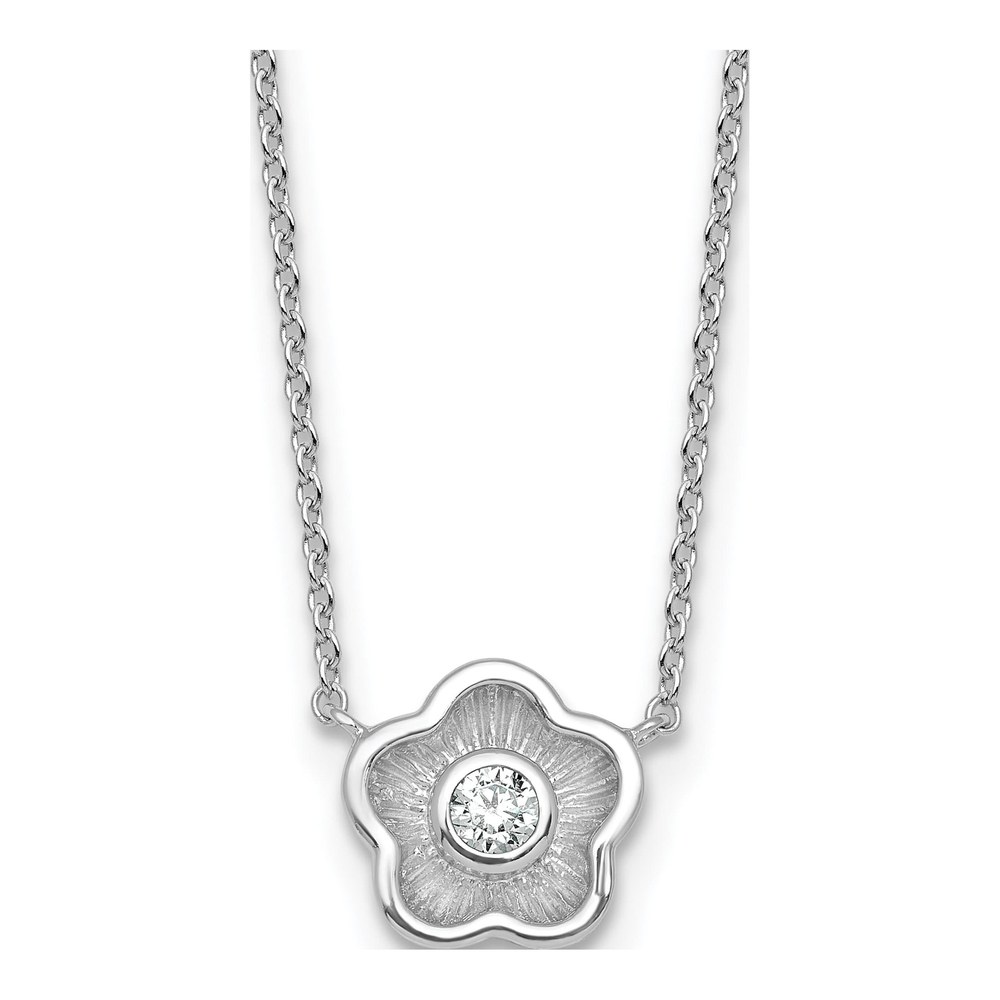 Sterling Silver Rhodium-Plated Polished Textured Cz Flower 18 Inch Necklace with Spring Ring Clasp