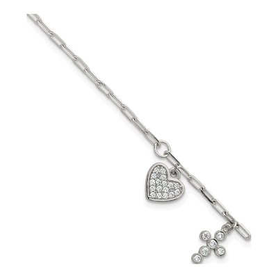 Sterling Silver CZ Heart Cross Bracelet